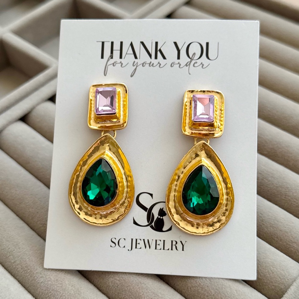 ZARA Style Emerald Green Lavender Crystal Statement Drop Earrings Gold Tone